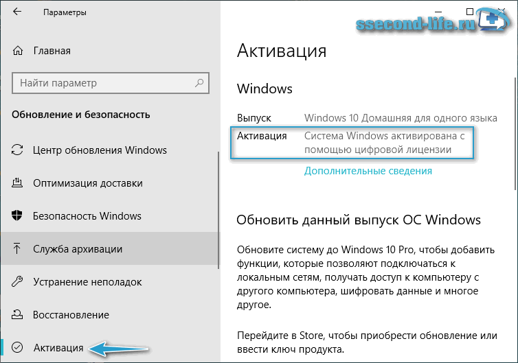 Состояние активации Windows 10 в Параметрах
